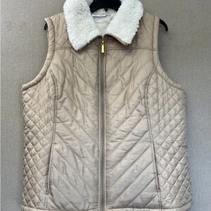 Denim&Co Quilted Beige Vest with Fleece Collar/Lining